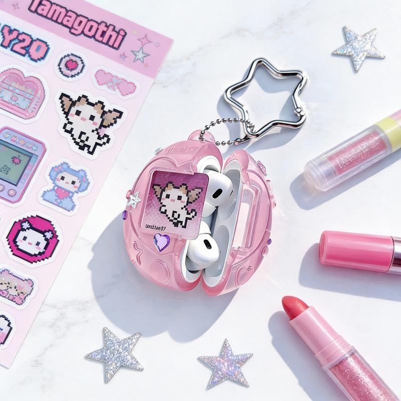 Cute Vintage Tamagotchi AirPods Case with Star Keychain - Fun Pink, Purple & Silver Silicone Design - Perfect Christmas & New Year Gift!