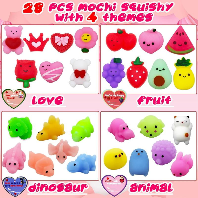 28 Pack Valentine’s Day Cards with Adorable Mochi Squishy Toys - Perfect Heart Gift Box for Kids, Classroom Exchanges, School Parties, and Valentine Basket Stuffers!
