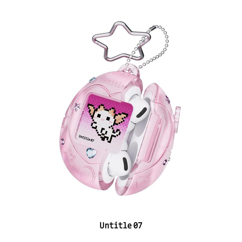 Cute Vintage Tamagotchi AirPods Case with Star Keychain - Fun Pink, Purple & Silver Silicone Design - Perfect Christmas & New Year Gift!