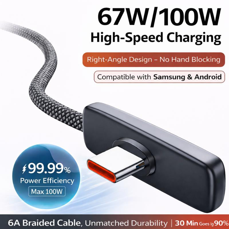 67W Fast Charging Right Angle USB C Cable - Heavy Duty Braided Type C to Type C PD PPS 100W 6A for Samsung, Android Phones, Tablets & Laptops - No Hand Blocking Design