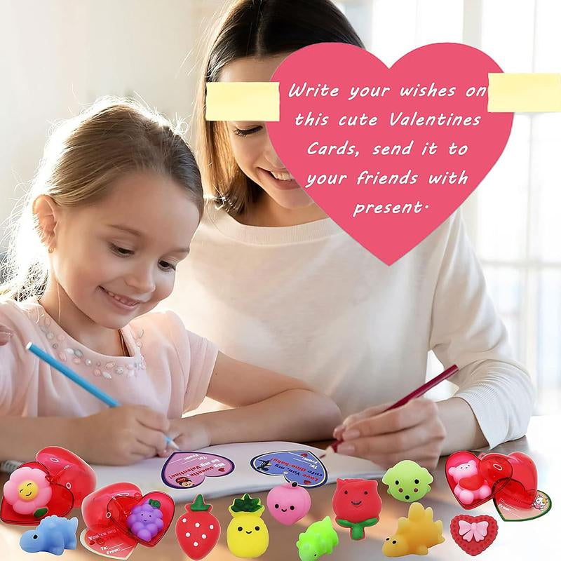 28 Pack Valentine’s Day Cards with Adorable Mochi Squishy Toys - Perfect Heart Gift Box for Kids, Classroom Exchanges, School Parties, and Valentine Basket Stuffers!