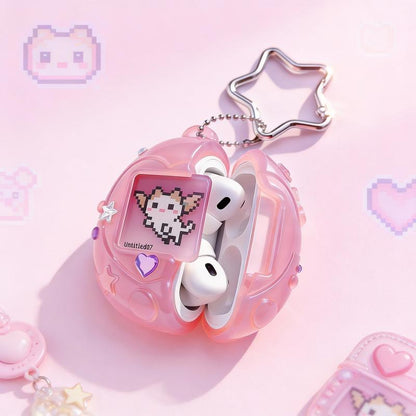 Cute Vintage Tamagotchi AirPods Case with Star Keychain - Fun Pink, Purple & Silver Silicone Design - Perfect Christmas & New Year Gift!