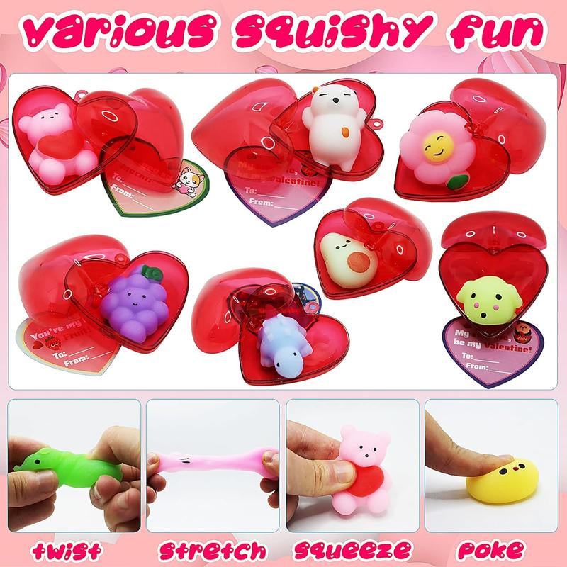 28 Pack Valentine’s Day Cards with Adorable Mochi Squishy Toys - Perfect Heart Gift Box for Kids, Classroom Exchanges, School Parties, and Valentine Basket Stuffers!