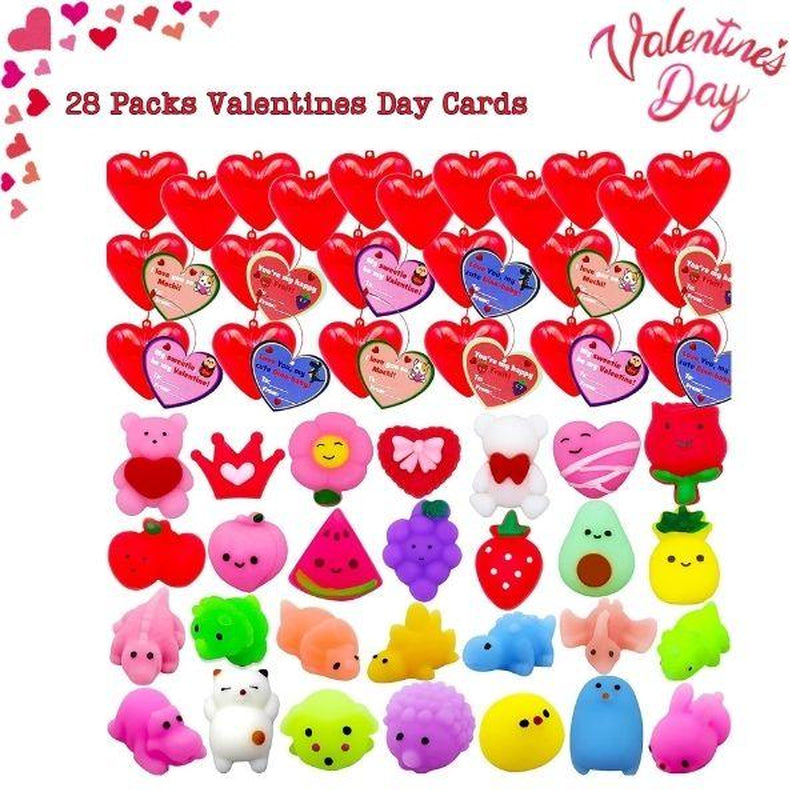 28 Pack Valentine’s Day Cards with Adorable Mochi Squishy Toys - Perfect Heart Gift Box for Kids, Classroom Exchanges, School Parties, and Valentine Basket Stuffers!