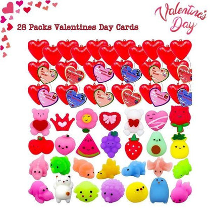 28 Pack Valentine’s Day Cards with Adorable Mochi Squishy Toys - Perfect Heart Gift Box for Kids, Classroom Exchanges, School Parties, and Valentine Basket Stuffers!