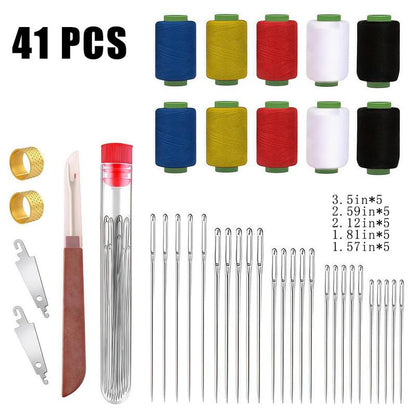 41-Piece Premium Big Eye Steel Needle Set for Quilting, Embroidery & Mending - Multi-Purpose Self-Threading Sewing Kit with Threader & Sturdy Polyester Thread