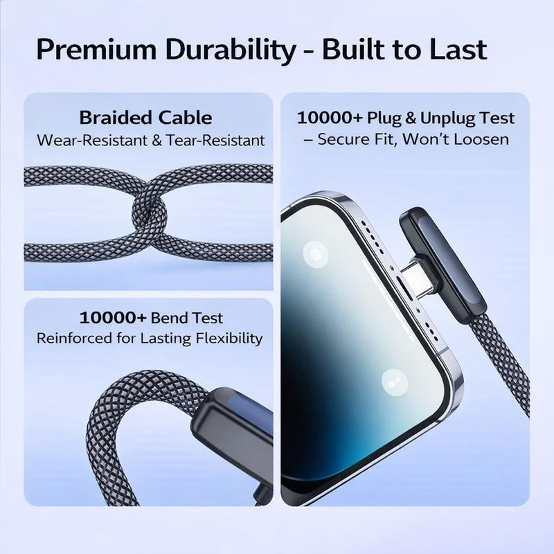 67W Fast Charging Right Angle USB C Cable - Heavy Duty Braided Type C to Type C PD PPS 100W 6A for Samsung, Android Phones, Tablets & Laptops - No Hand Blocking Design