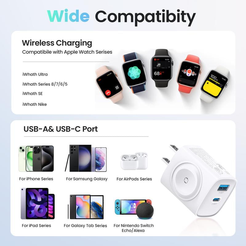 20W 3-In-1 Fast Wireless Charger for Apple Watch, iPhone 17/16/15 Pro Max, iPad, AirPods & Galaxy Series - Magnetic Dual-Port PD Charger