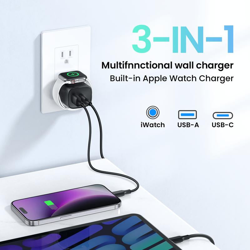 20W 3-In-1 Fast Wireless Charger for Apple Watch, iPhone 17/16/15 Pro Max, iPad, AirPods & Galaxy Series - Magnetic Dual-Port PD Charger