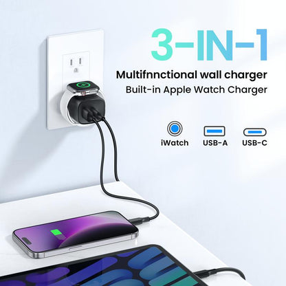 20W 3-In-1 Fast Wireless Charger for Apple Watch, iPhone 17/16/15 Pro Max, iPad, AirPods & Galaxy Series - Magnetic Dual-Port PD Charger