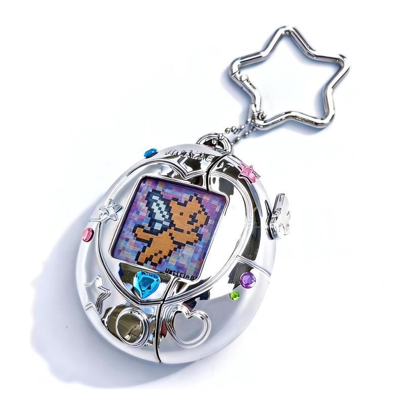 Cute Vintage Tamagotchi AirPods Case with Star Keychain - Fun Pink, Purple & Silver Silicone Design - Perfect Christmas & New Year Gift!