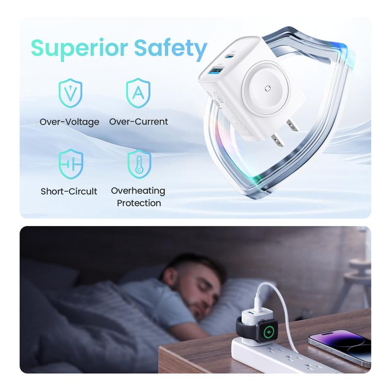 20W 3-In-1 Fast Wireless Charger for Apple Watch, iPhone 17/16/15 Pro Max, iPad, AirPods & Galaxy Series - Magnetic Dual-Port PD Charger