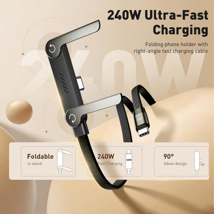 240W Super Fast Charging 2-in-1 Invisible Stand Cable for iPhone & Samsung - Universal Gaming, Office, & Travel Use - Black, 1M to 2M Foldable Phone Holder