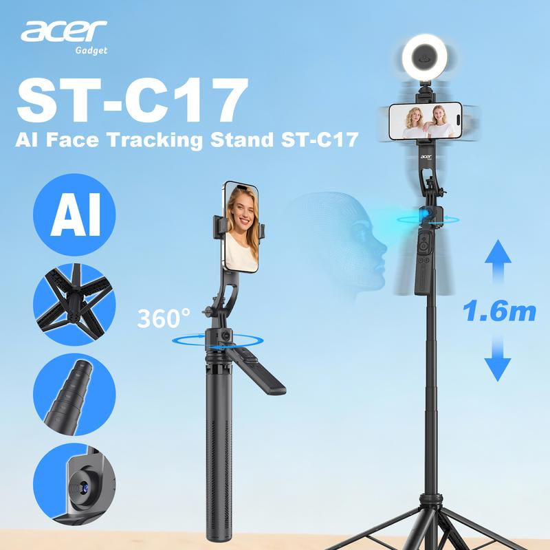 Acer AI Face Tracking Tripod Stand ST-C17 - 64" Portable Gimbal with Light & Remote for iPhone/Android - Perfect for TikTok, YouTube, Vlogging & Live Streaming