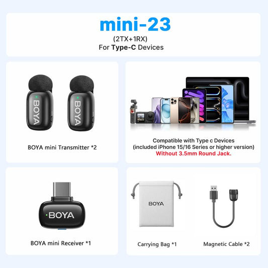 BOYA Mini Wireless Lavalier Microphone - Compact & Portable Audio Solution for Android & iPhone 15/16, Perfect for Live Broadcasts, Vlogs, and Video Shoots